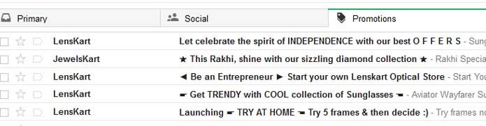 Gmail primary tab, social tab and promotional tab