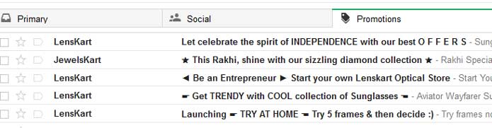 Gmail primary tab, social tab and promotional tab